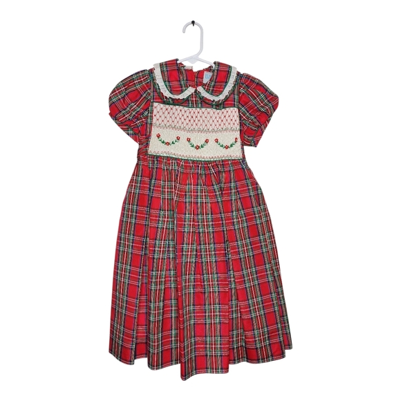 Luli & Me Red Green Smocked Plaid Embroidered Toddlers Short Sleeve Dress Size 5 - Picture 1 of 11